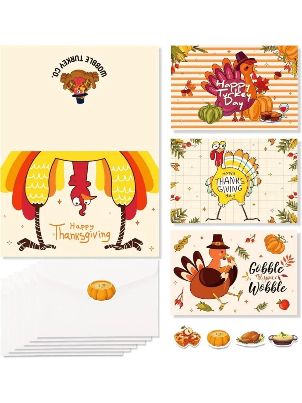 Funny Thanksgiving Greeting Cards Set - 240 Assorted Gobble Cards with Envelopes